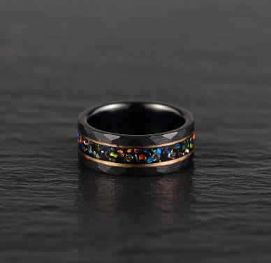 Black Hammered Tungsten Inlayed Crushed Opal Couples Wedding Band Set