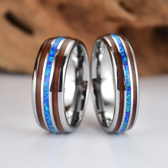 Grey Tungsten Koa Wood Blue Opal Men's Wedding Band 8MM - PRISTINE RINGS