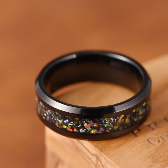 Black Tungsten Crushed Opal Couples Wedding Band Set