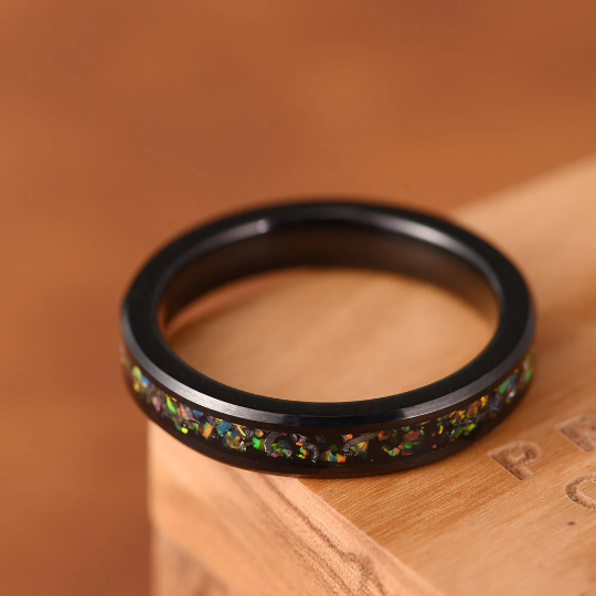 Black Tungsten Crushed Opal Couples Wedding Band Set