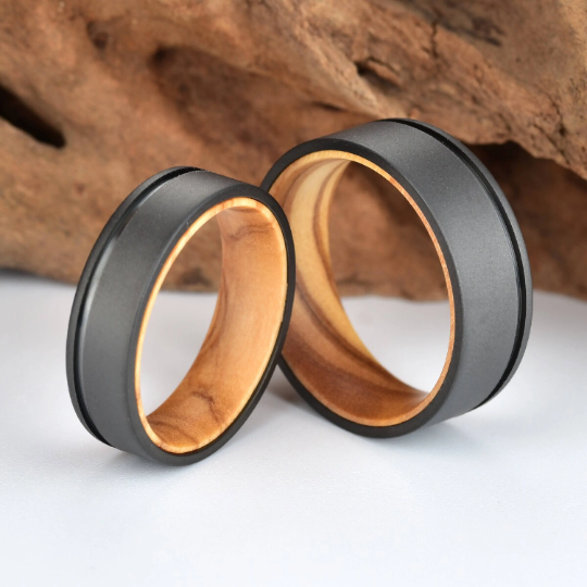 Olive Wood Black Titanium Wedding Band 8MM