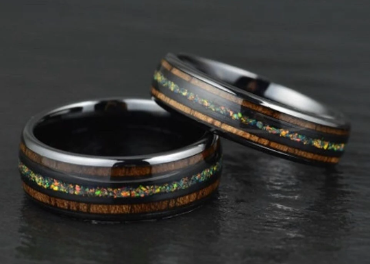 Yellow Opal Koa Wood Black Ceramic Couples Wedding Band Set