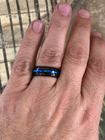 Black Ceramic Koa Wood Blue Opal Women's Wedding Band 4MM