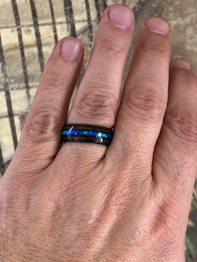 Black Ceramic Koa Wood Blue Opal Women's Wedding Band 4MM - PRISTINE RINGS