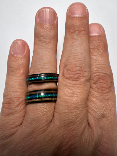 Black Tungsten Koa Wood Blue Opal Women's Wedding Band 4MM - PRISTINE RINGS