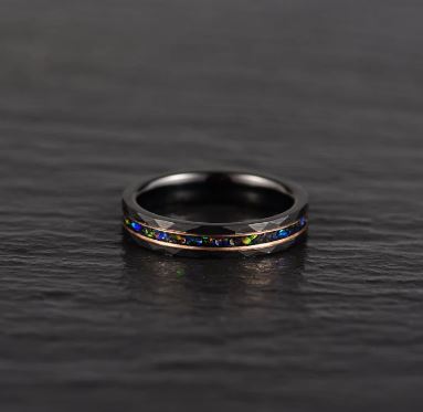 Black Hammered Tungsten Inlayed Crushed Opal Couples Wedding Band Set
