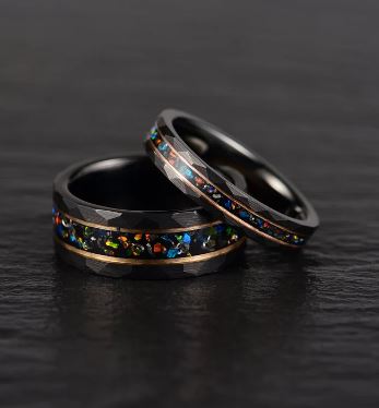 Black Hammered Tungsten Inlayed Crushed Opal Couples Wedding Band Set