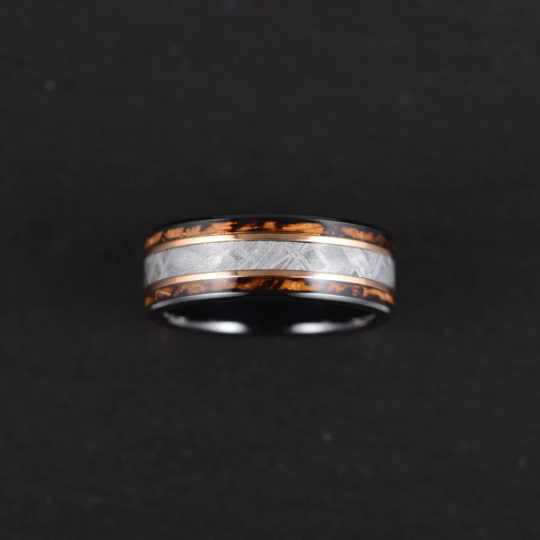 Black Tugsten Charred Whiskey Inlay Meteorite Men's Wedding Band - PRISTINE RINGS