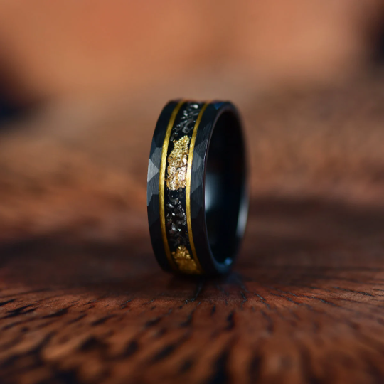 Gold Foil Tungsten and Meteorite Couples Wedding Band Set - PRISTINE RINGS