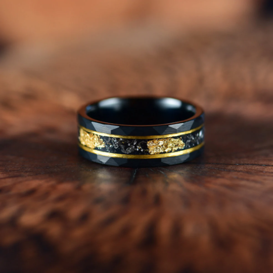 Gold Foil Tungsten and Meteorite Couples Wedding Band Set - PRISTINE RINGS