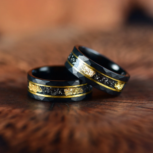 Gold Foil Tungsten and Meteorite Couples Wedding Band Set - PRISTINE RINGS