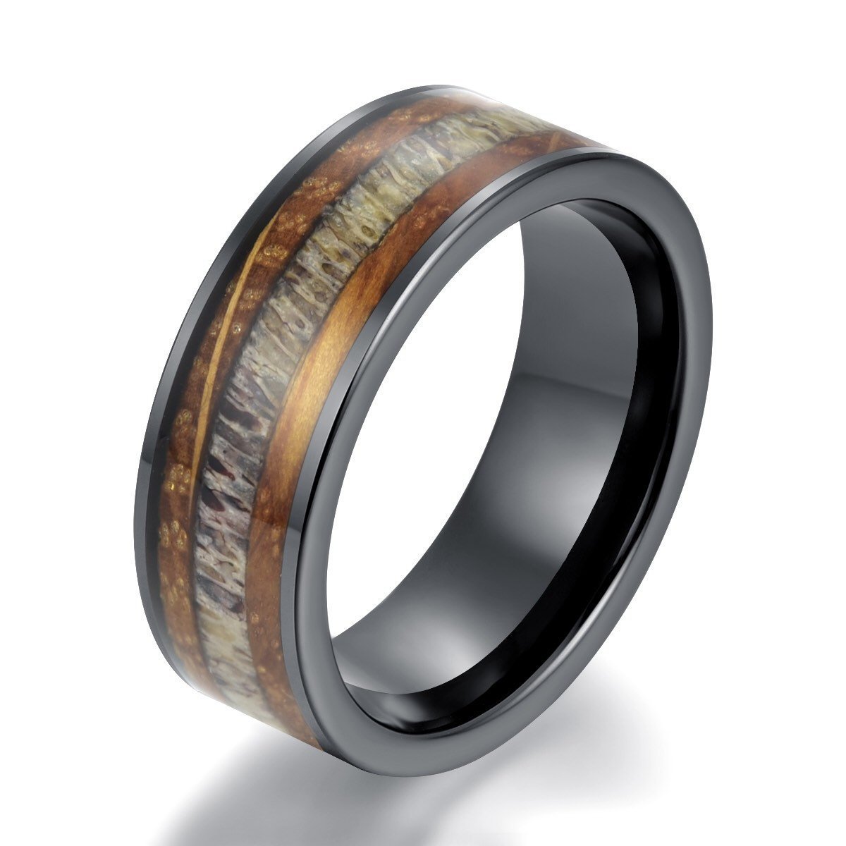 Whiskey Barrel Wood Antler Black Ceramic Ring Men's Wedding Band 8MM - PRISTINE RINGS