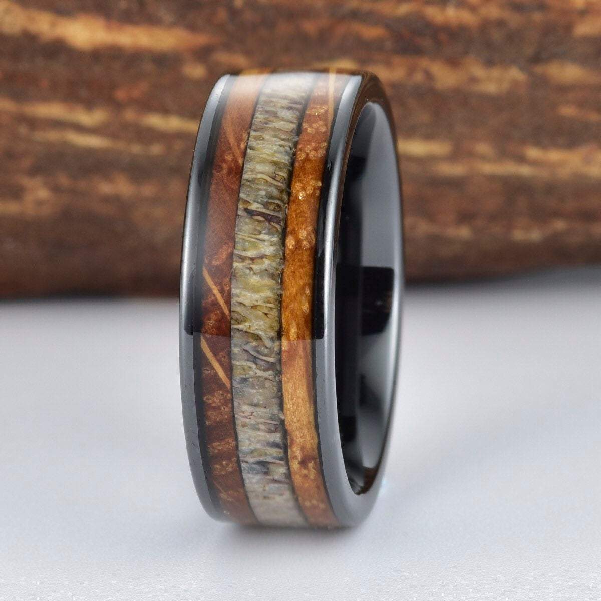 Whisky Barrel Wood Antler Black Ceramic Ring Men's Wedding Band 8MM