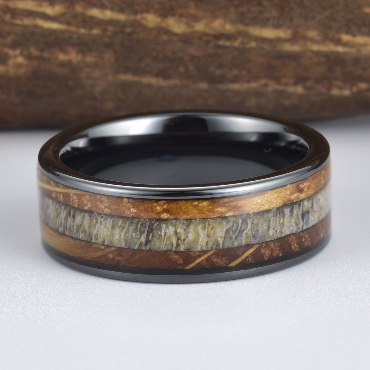 Whiskey Barrel Wood Antler Black Ceramic Ring Men's Wedding Band 8MM