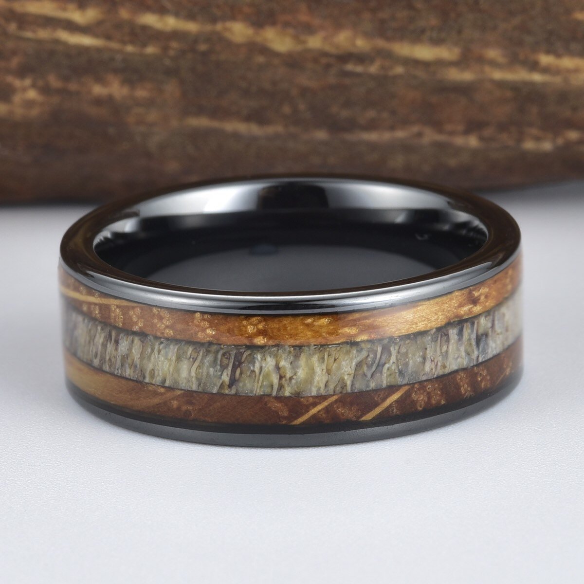 Whiskey Barrel Wood Antler Black Ceramic Ring Men's Wedding Band 8MM - PRISTINE RINGS
