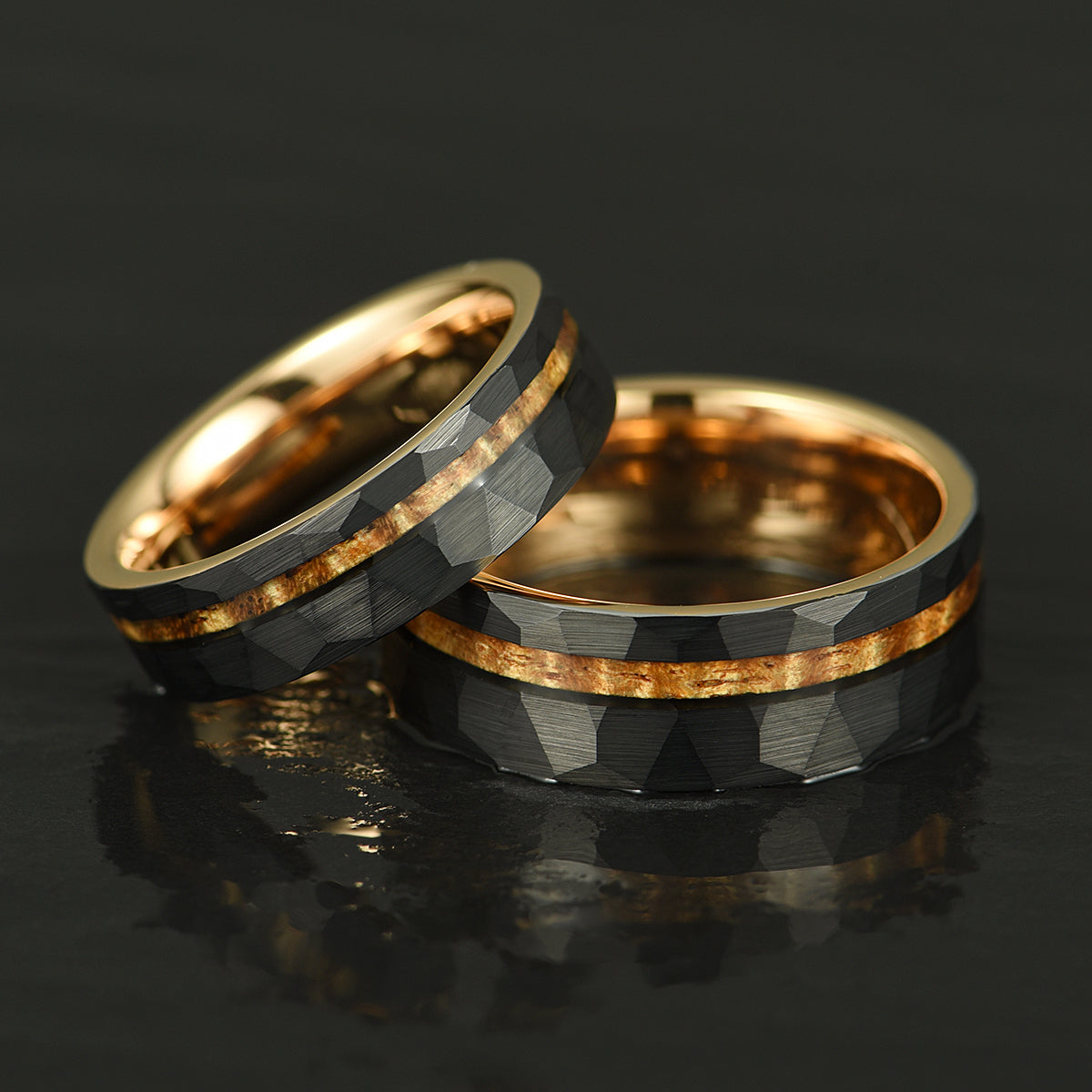 Hammered Tungsten Rose Tungsten Interior Koa Wood Inlay Couples Wedding Band Set - PRISTINE RINGS