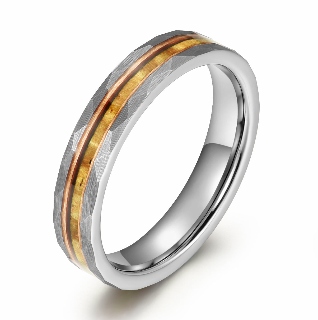 Hawaiian Koa Wood Hammered Tungsten Couples Wedding Band Set