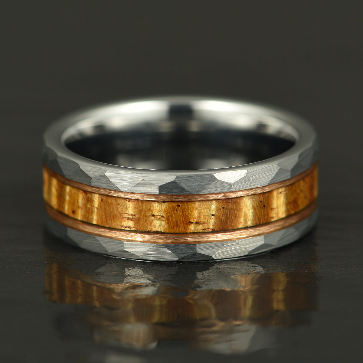 Hawaiian Koa Wood Hammered Tungsten Couples Wedding Band Set