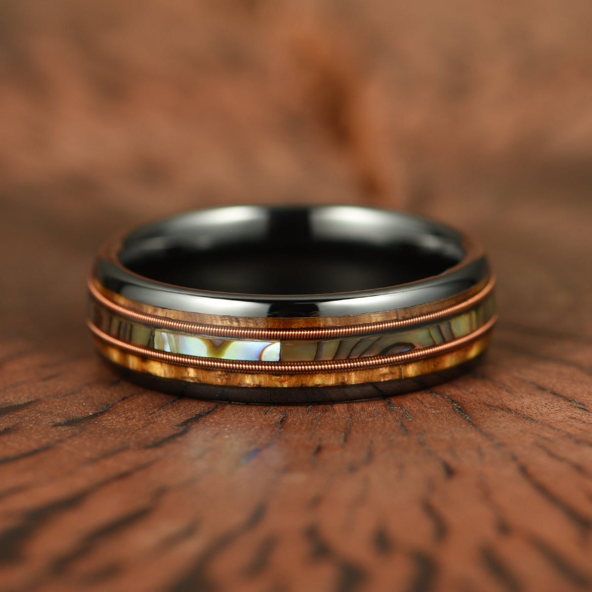 Hawaiian Koa Wood Abalone & Guitar String Tungsten Couples Wedding Ring Set - PRISTINE RINGS
