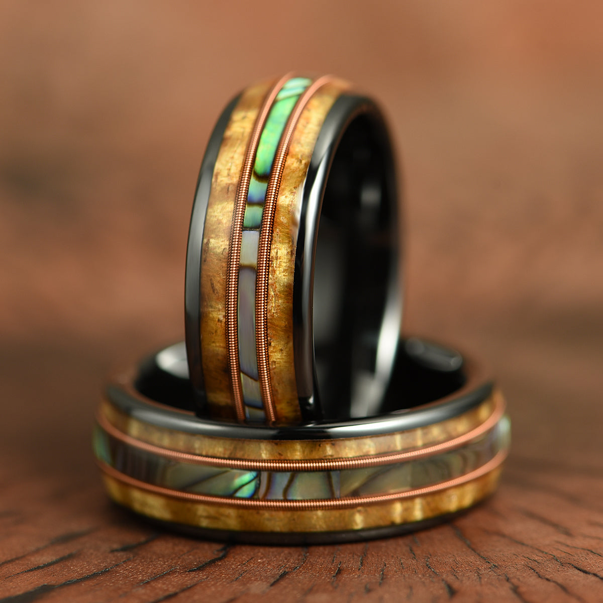 Hawaiian Koa Wood Abalone & Guitar String Tungsten Couples Wedding Ring Set