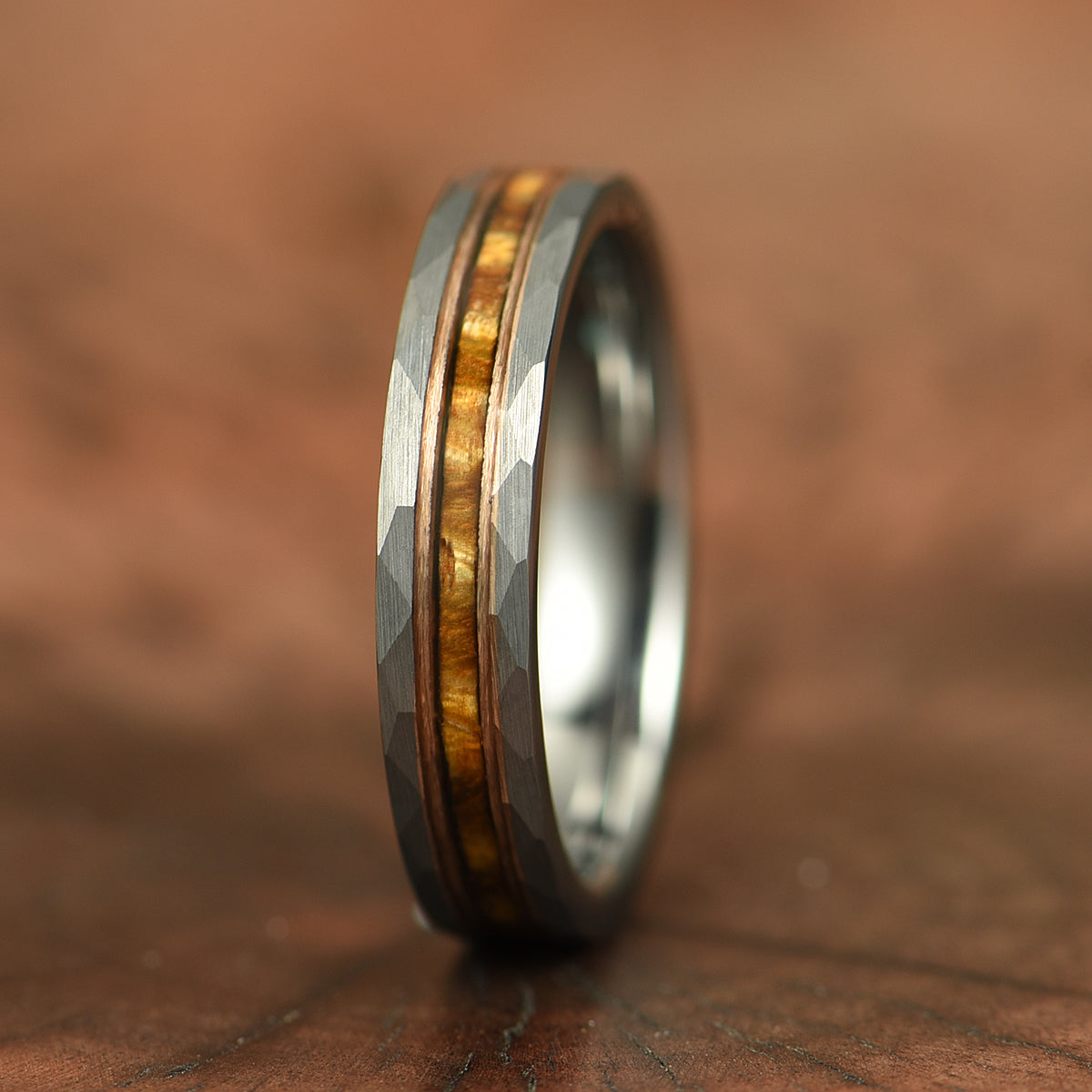 Hawaiian Koa Wood Hammered Tungsten Couples Wedding Band Set