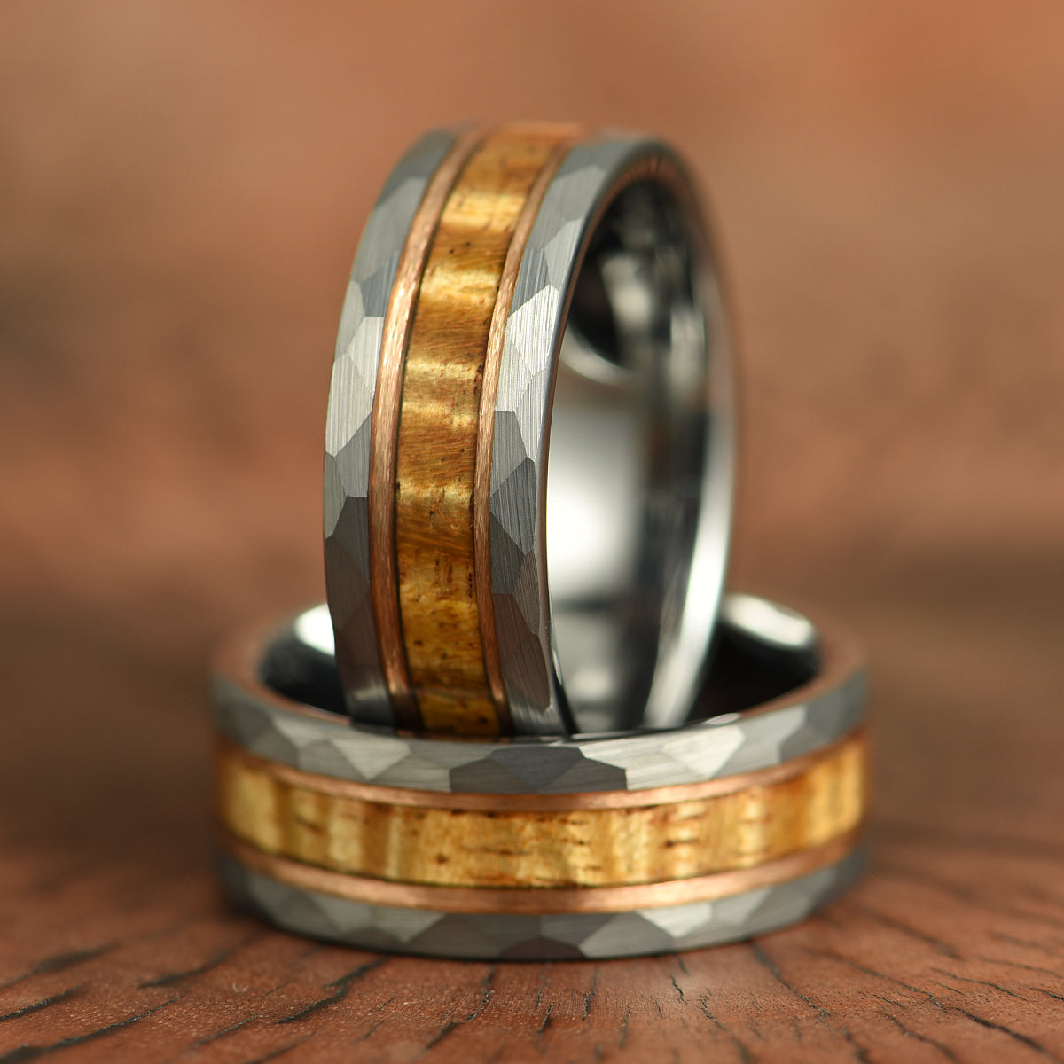 Hawaiian Koa Wood Hammered Tungsten Couples Wedding Band Set