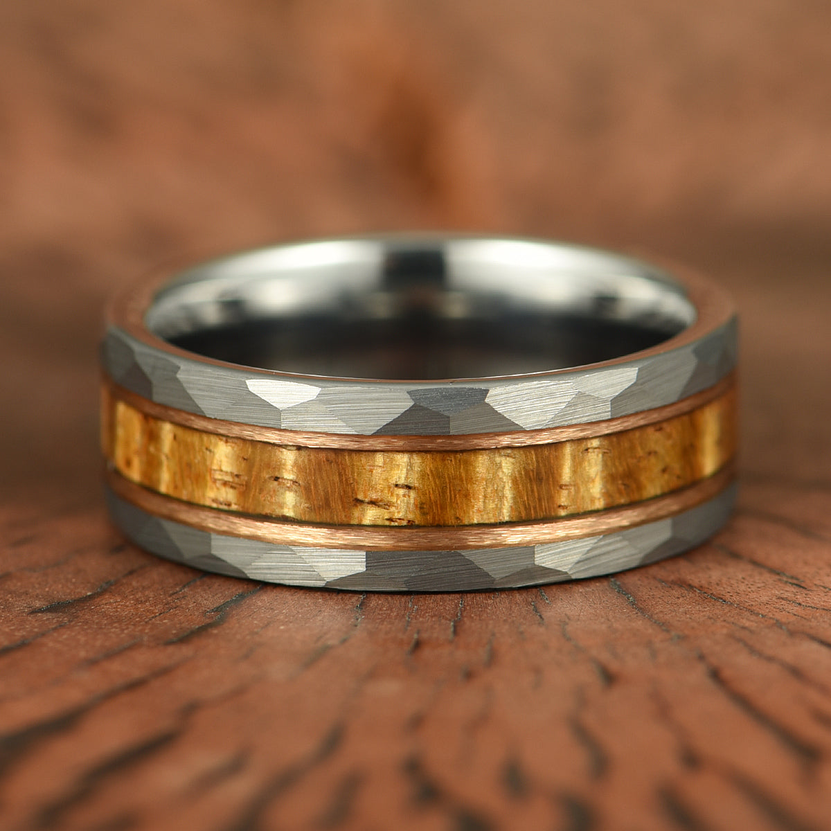 Hawaiian Koa Wood Hammered Tungsten Couples Wedding Band Set