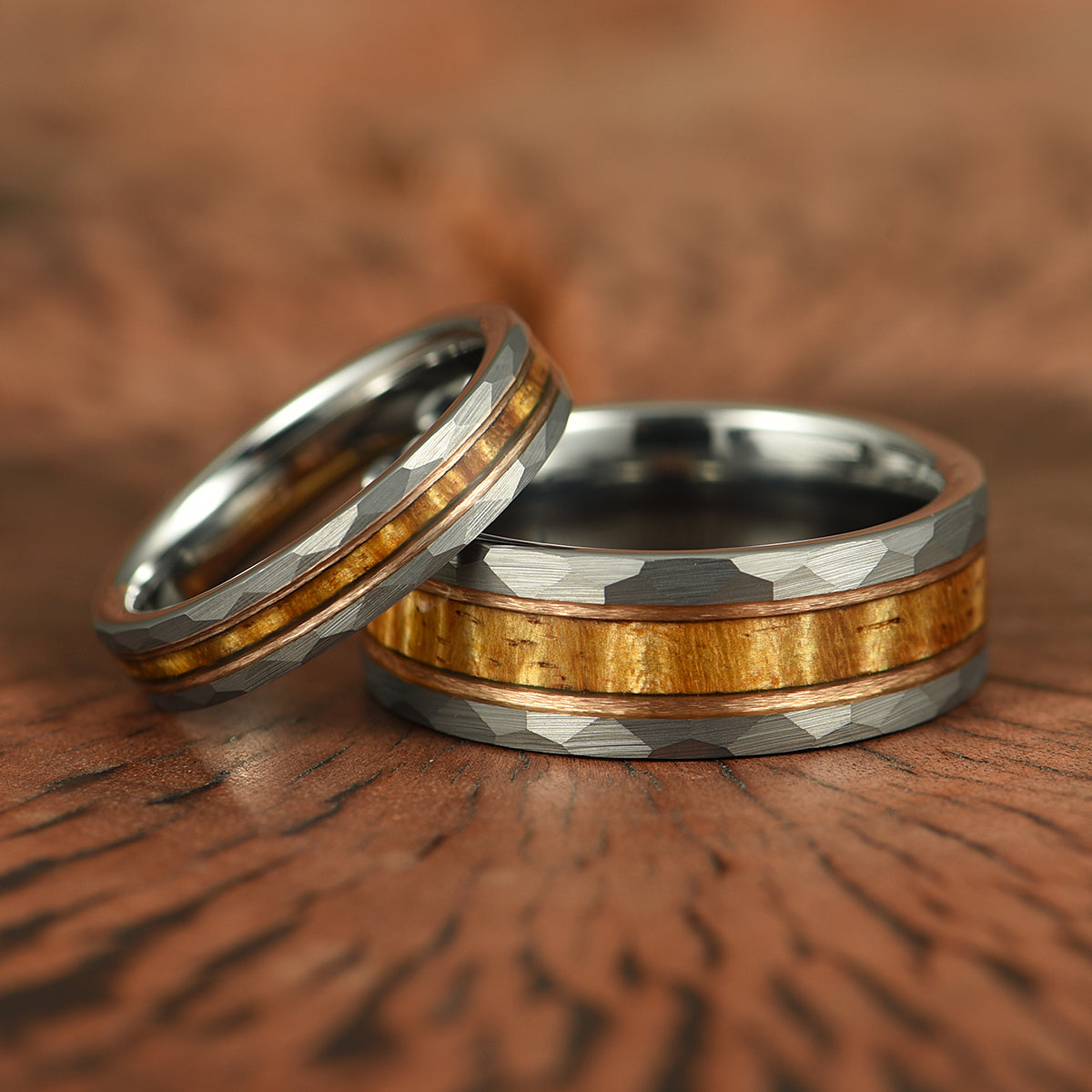 Hawaiian Koa Wood Hammered Tungsten Couples Wedding Band Set