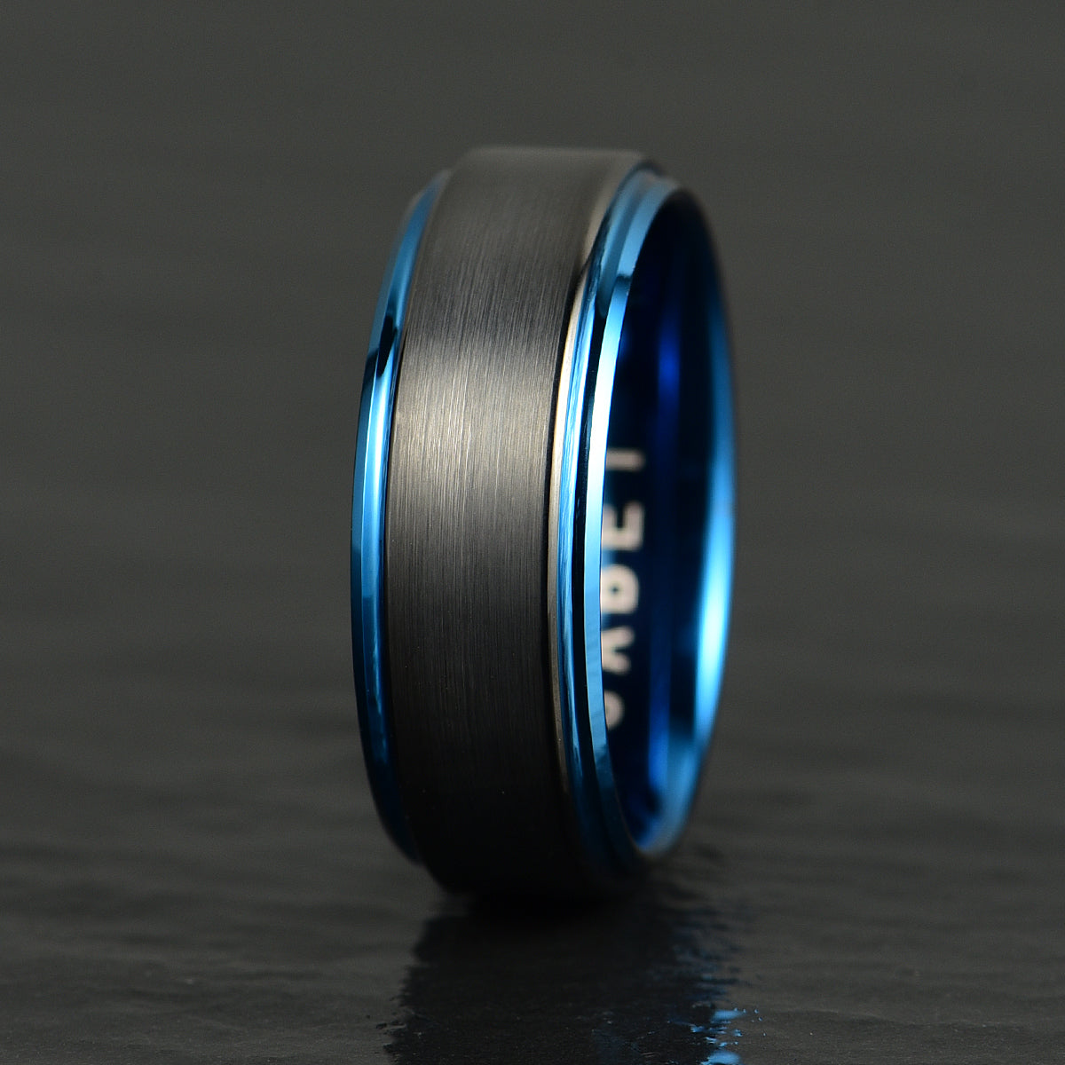 Black Tungsten Blue Colored Ring Passion Collection Men's Wedding Band 8MM - PRISTINE RINGS