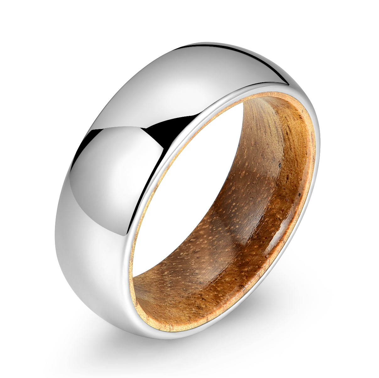 Rounded Comfort Fit Polished Silver Titanium Koa Wood Men's Wedding Band 8MM - PRISTINE RINGS