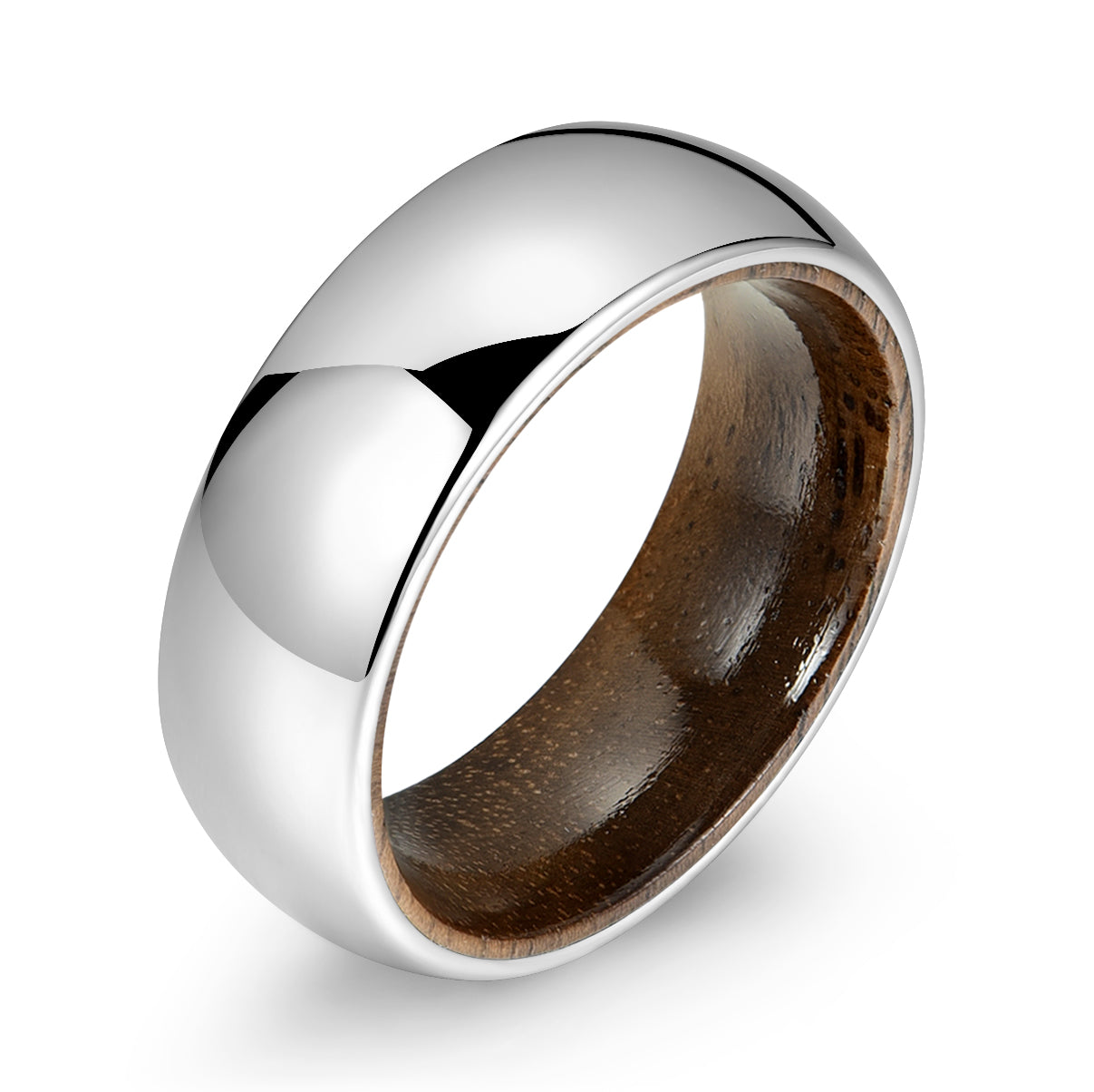 Rounded Glossy Silver Tungsten Walnut Wood Men's Wedding Band 8MM - PRISTINE RINGS