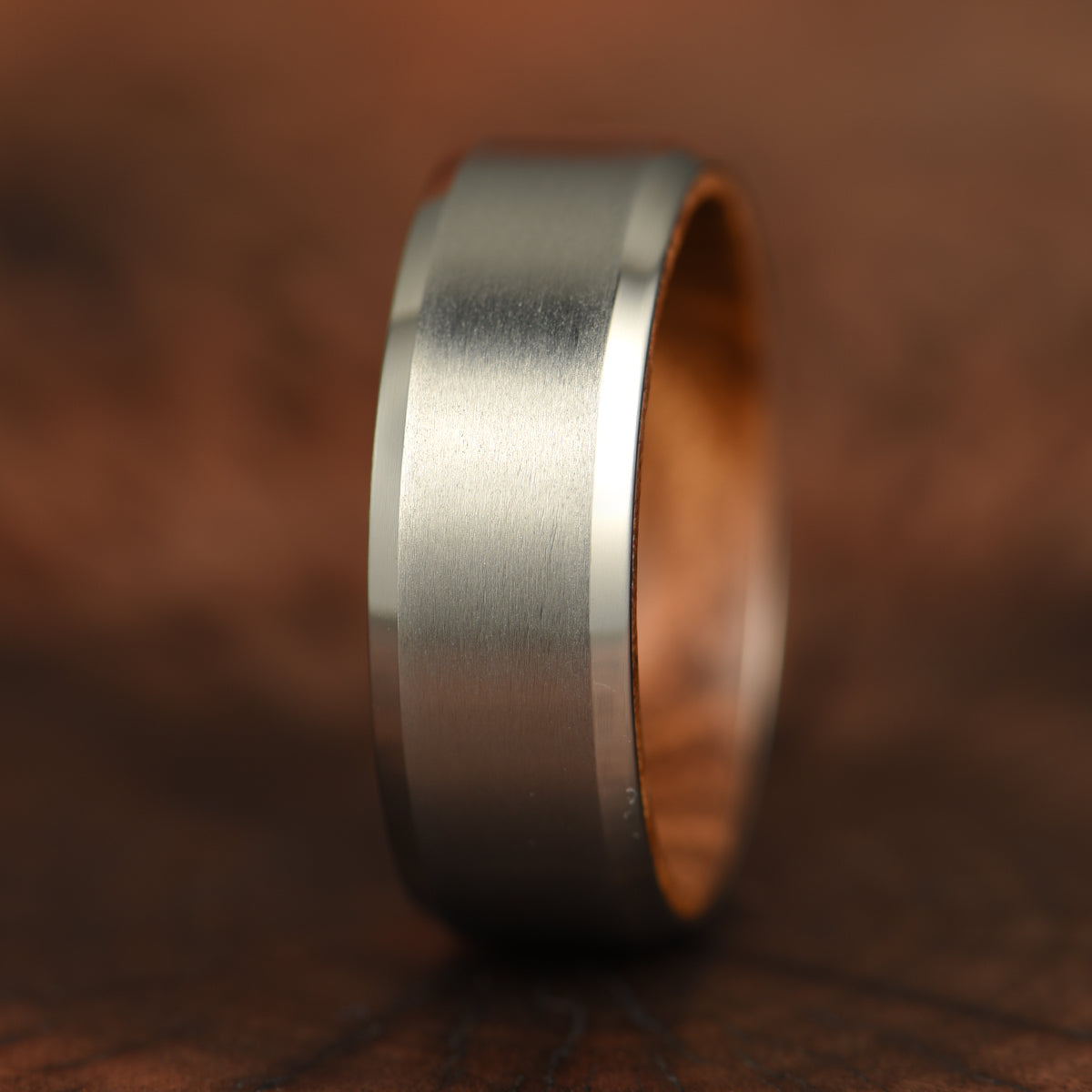 Beveled Titanium Zebra Wood Men's Wedding Band 8MM