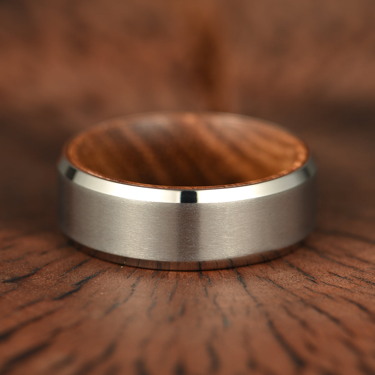 Beveled Titanium Zebra Wood Men's Wedding Band 8MM