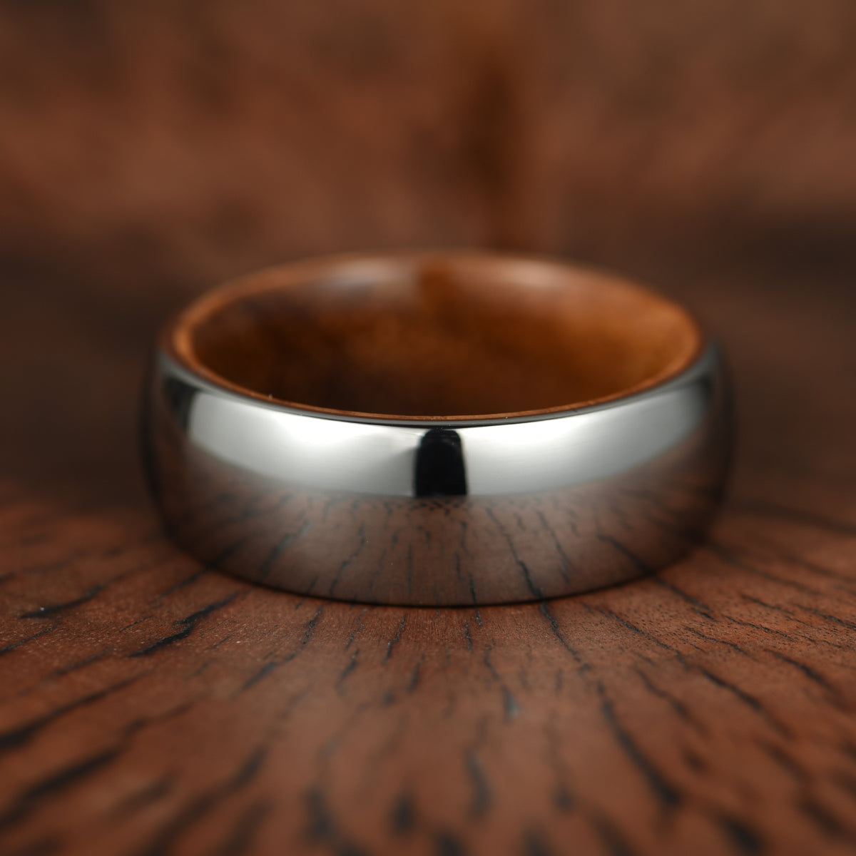 Rounded Comfort Fit Polished Silver Titanium Koa Wood Men's Wedding Band 8MM - PRISTINE RINGS