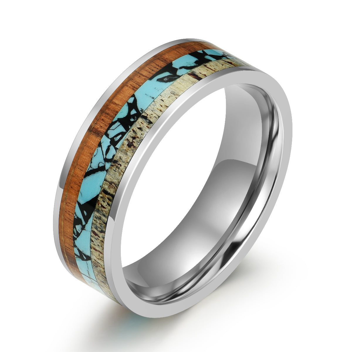 Tungsten Antler Koa Wood Turquoise Men's Wedding Band 8MM