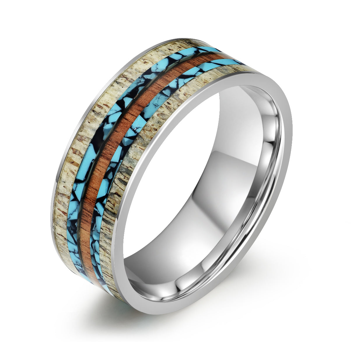 Tungsten Antler Turquoise Koa Wood Men's Wedding Band 8MM