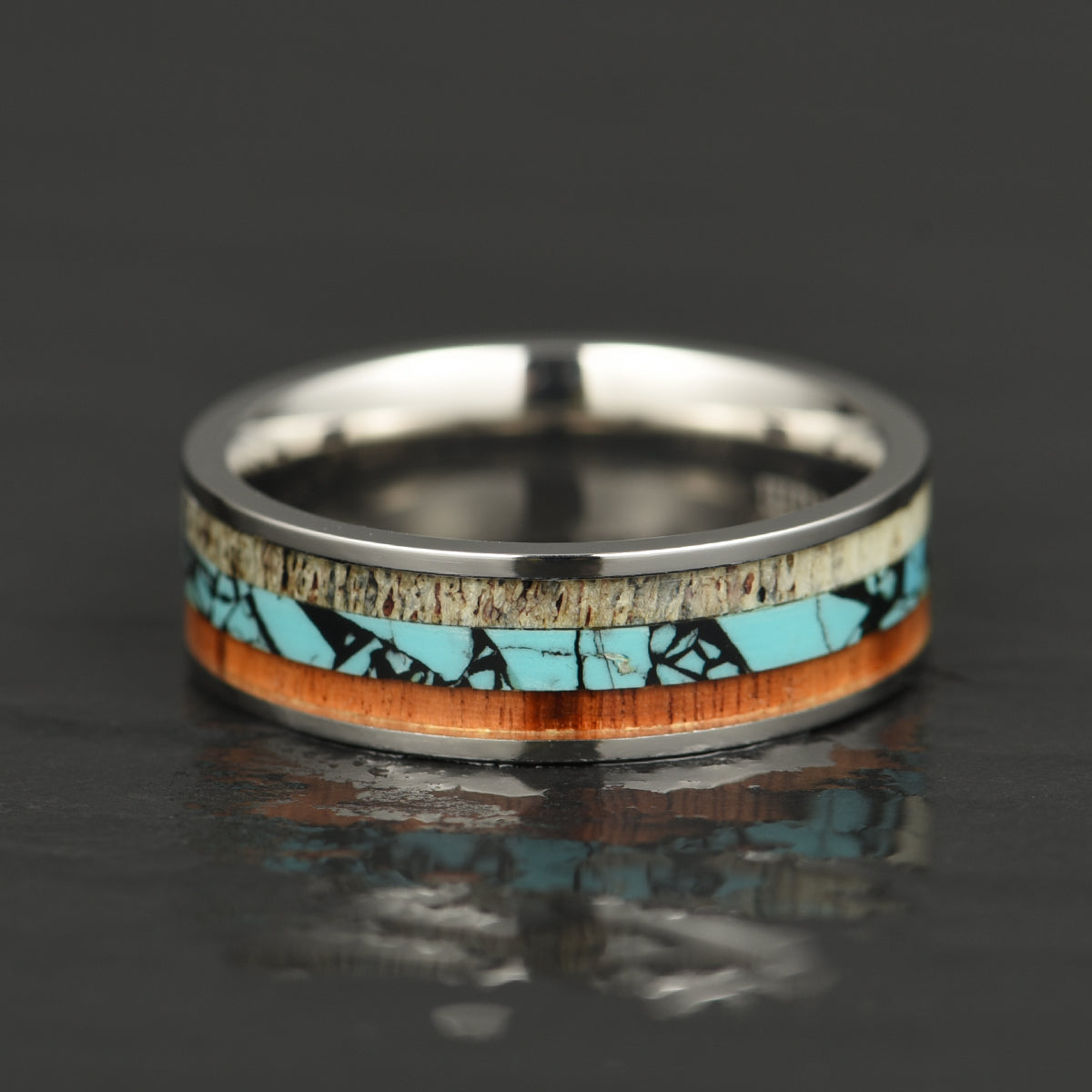 Tungsten Antler Koa Wood Turquoise Men's Wedding Band 8MM