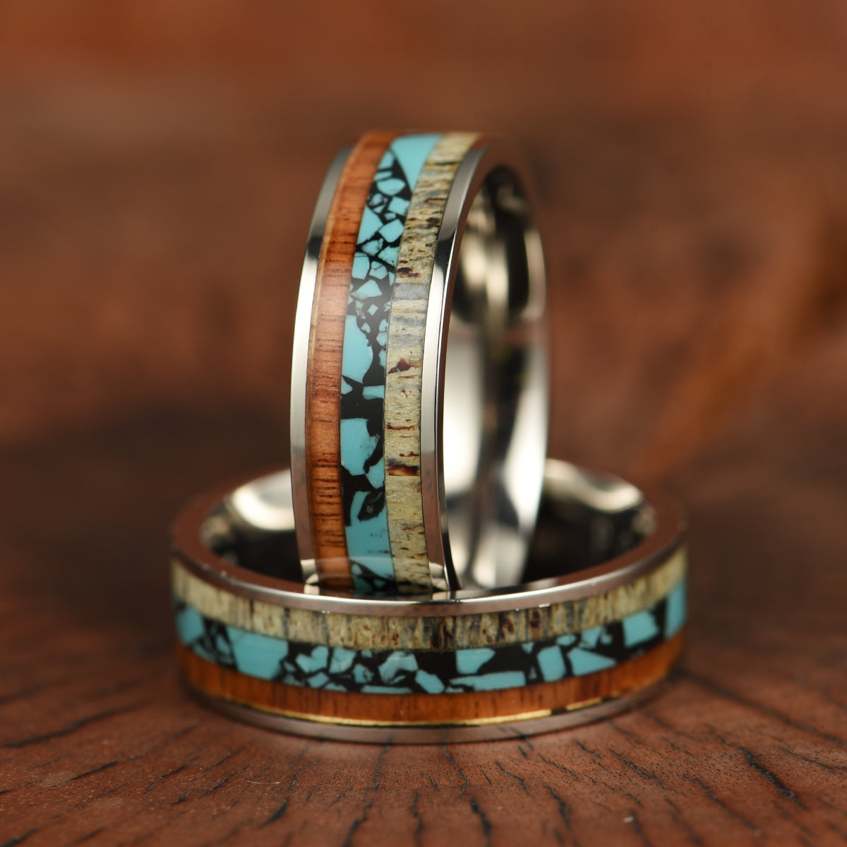 Tungsten Antler Koa Wood Turquoise Men's Wedding Band 8MM