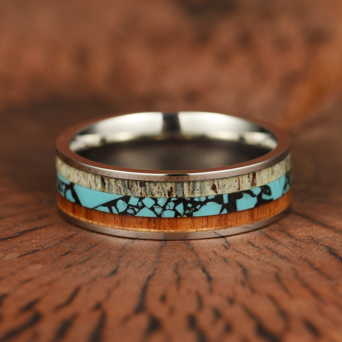 Tungsten Antler Koa Wood Turquoise Men's Wedding Band 8MM