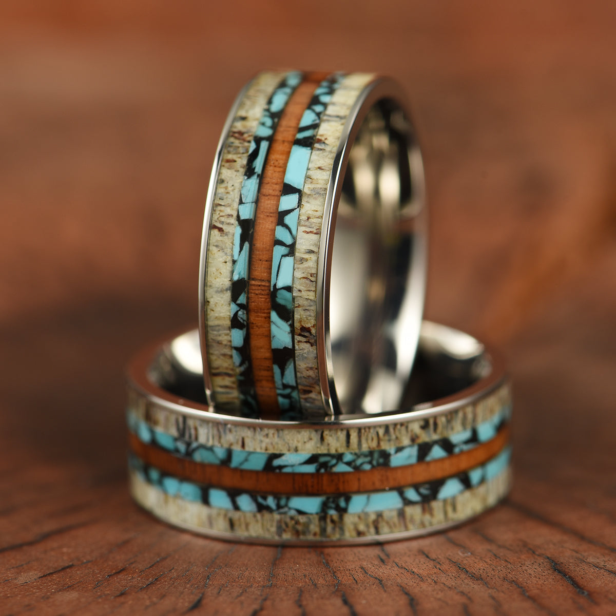 Tungsten Antler Turquoise Koa Wood Men's Wedding Band 8MM