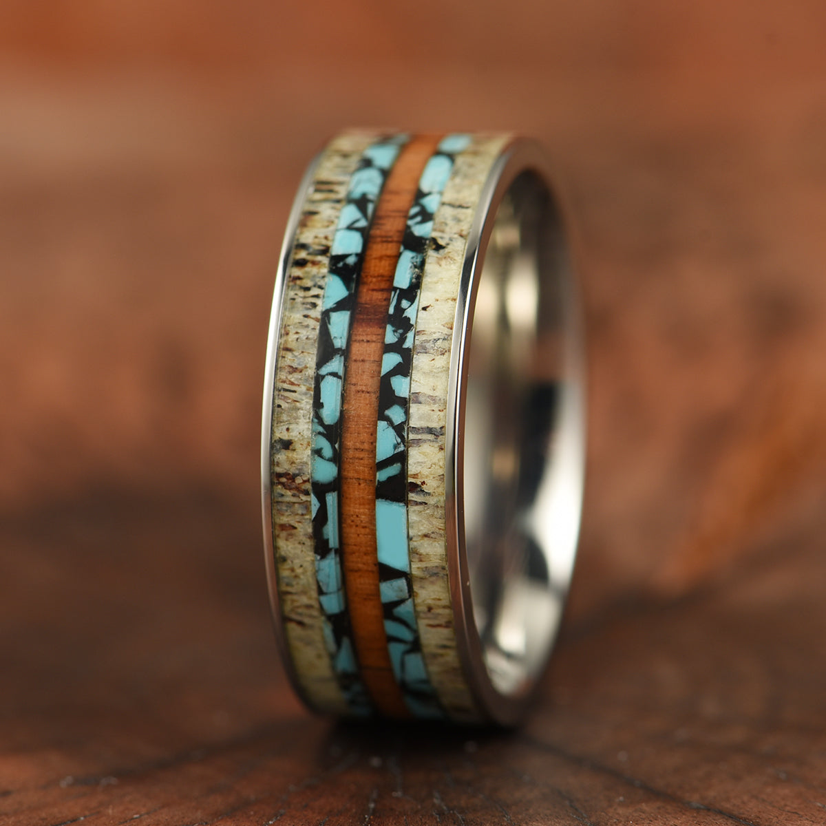 Tungsten Antler Turquoise Koa Wood Men's Wedding Band 8MM