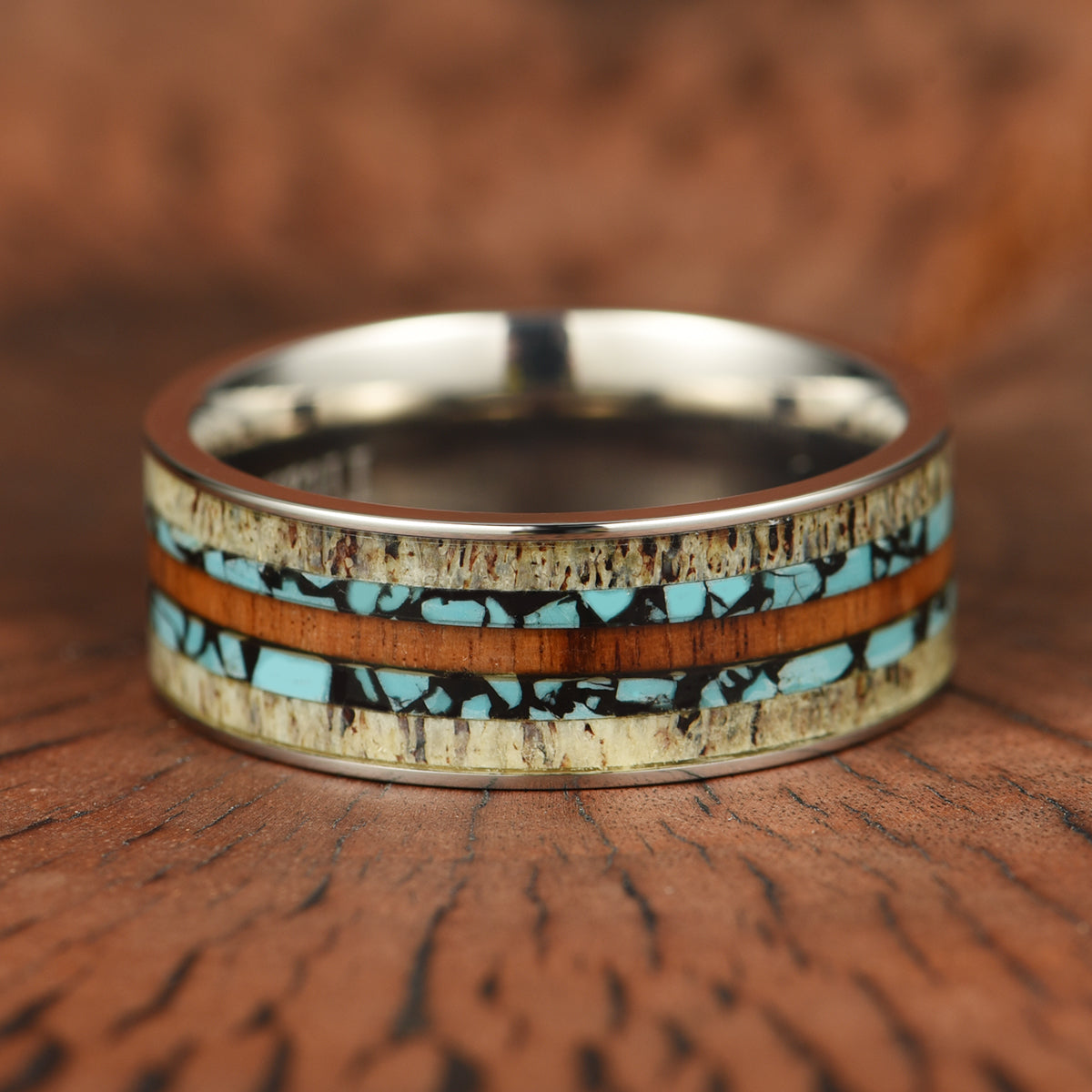 Tungsten Antler Turquoise Koa Wood Men's Wedding Band 8MM