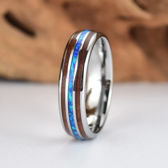 Grey Tungsten Koa Wood Blue Opal Women's Wedding Band 4MM